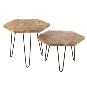 SET OF 2 SIDE TABLE HEXAGONE TEAK WOOD/METAL NATURAL