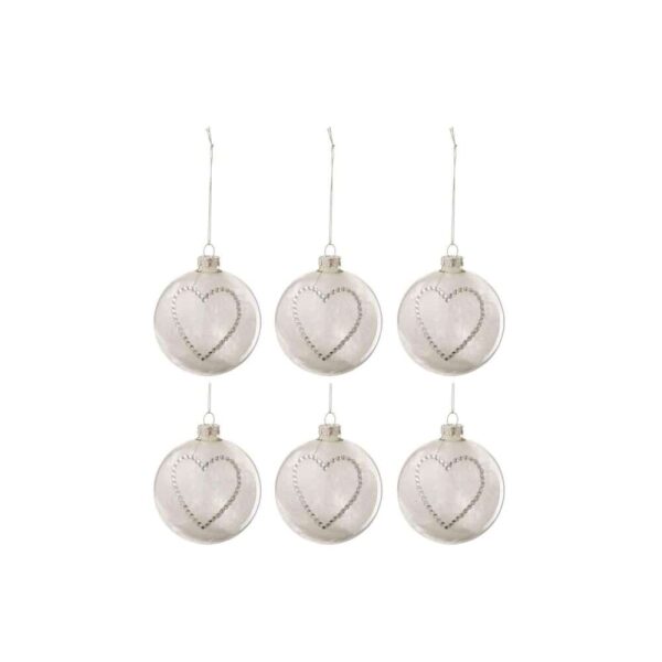 BOX OF 6 CHRISTMAS BAUBLES HEART STRASS SILVER FEATHER WHITE GLASS CLEAR SMALL