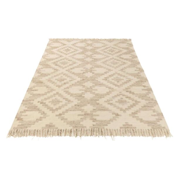 RUG ETHNIC PATTERNS+FRINGES WOOL/COTTON CREAM/BEIGE