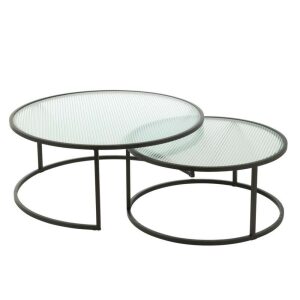 SET OF 2 COFFEE TABLE ROUND METAL/GLASS BLACK