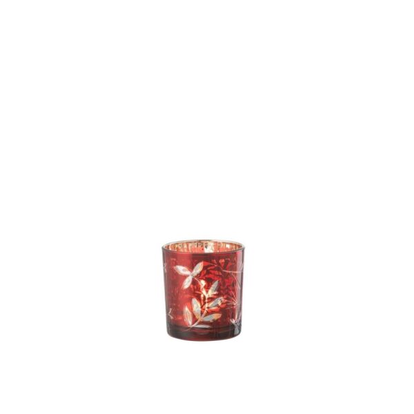 TEALICHT HOLDER LEAVES GLASS RED/ANTIQUE GOLD SMALL
