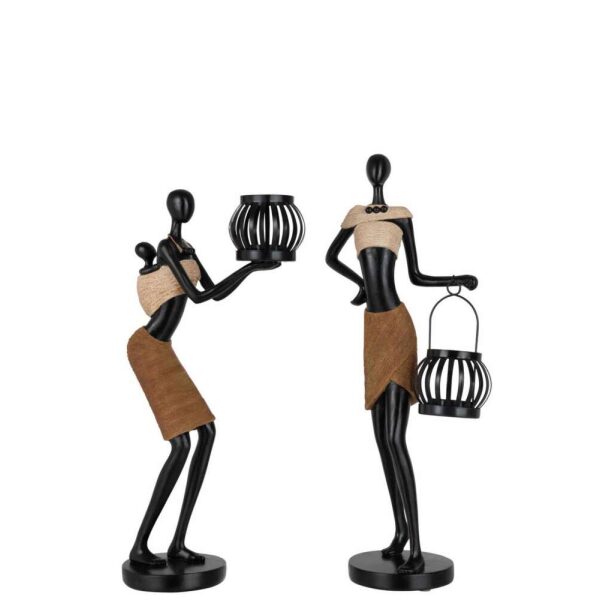 TEALIGHT HOLDER ON HEAD OF FIGURE ETHNIC POLY BROWN ASSORTMENT OF 2