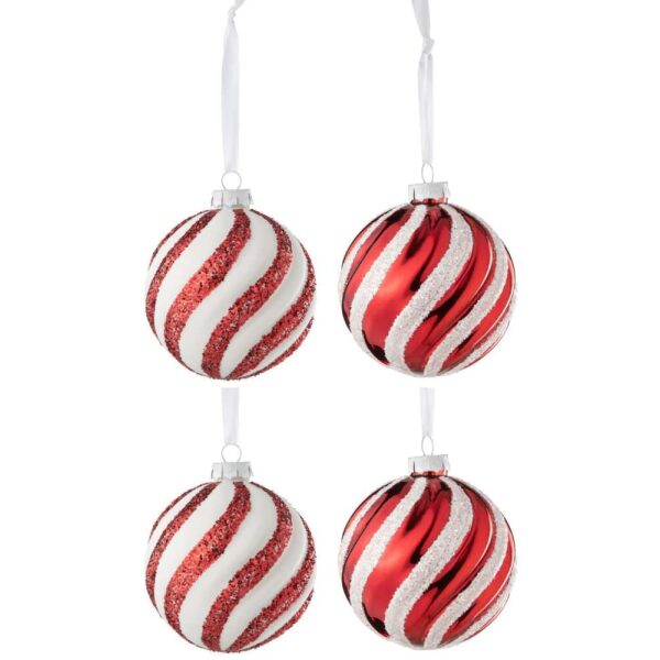 BOX OF 4 CHRISTMAS BAUBLE 2+2 LINES GLASS WHITE/RED LARGE