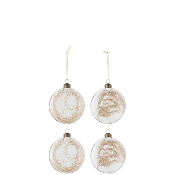 BOX OF 4 CHRISTMAS BAUBLES ROUND FLAT 2+2 DRIED PAMPAS GLASS TRANSPARENT MEDIUM