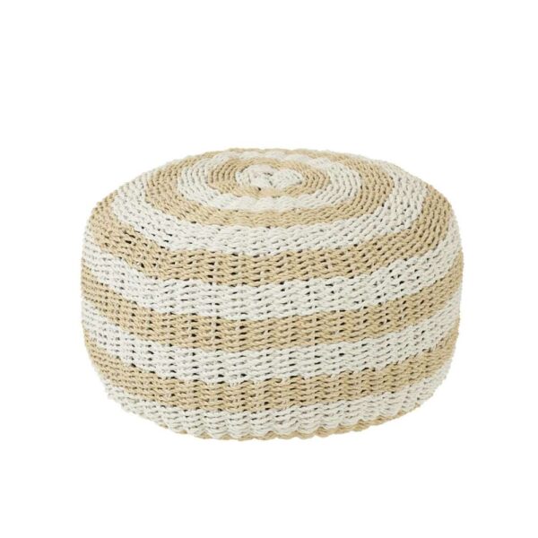 POUF ROUND STRIPES WOVEN PLASTIC WHITE/NATURAL