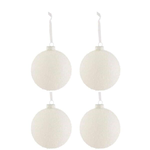 BOX OF 4 CHRISTMAS BAUBLES SNOWY GLASS WHITE LARGE