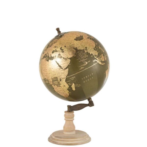 WORLD GLOBE ON FOOT WOOD KHAKI/GOLD LARGE