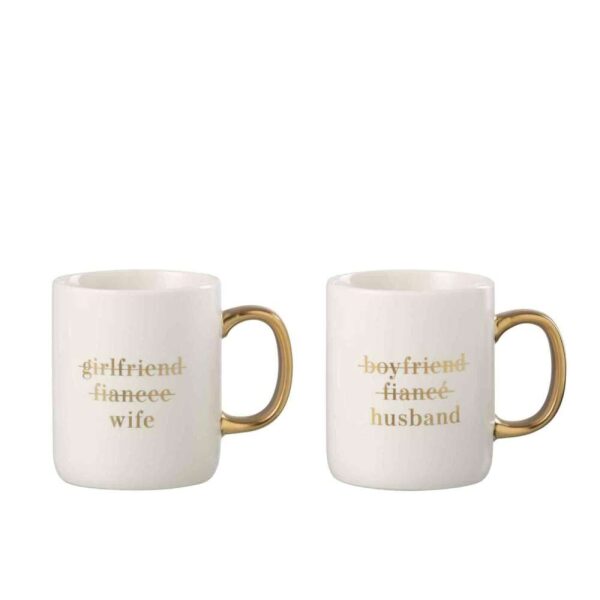 MUG MESSAGE MARIAGE ENGLISH PORCELAIN WHITE / GOLD ASSORTMENT OF 2