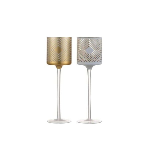 TEALIGHT HOLDER ON FOOT RHOMBUS GLASS WHITE/GOLD LARGE ASSORTMENT OF 2
