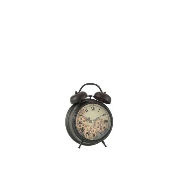 CLOCK ALARM ROMAN NUMERALS GEARS METAL BLACK SMALL