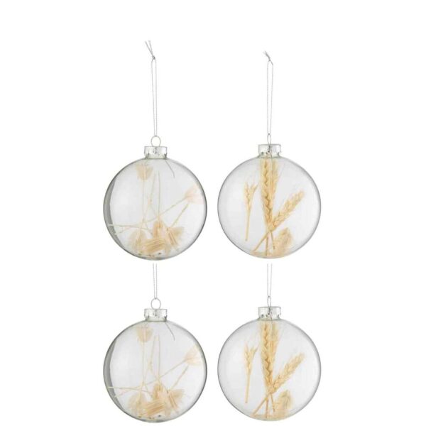 BOX OF 4 CHRISTMAS BAUBLES 2+2 DRIED BRANCHES BEIGE GLASS TRANSPARENT LARGE