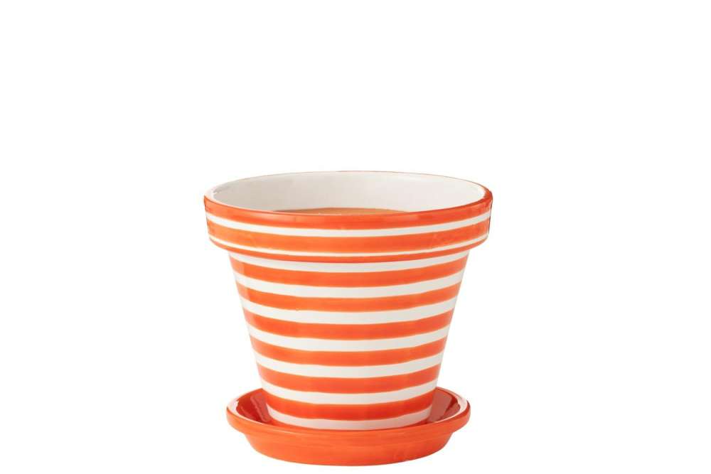 FLOWERPOT+PLATE GRANADA STRIPES HANDMADE/HANDPAINTED CERAMIC ORANGE/WHITE LARGE