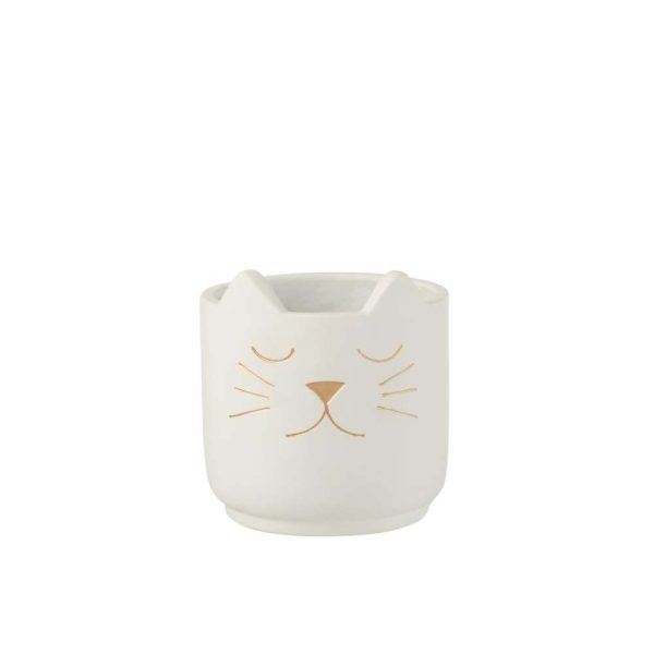 FLOWER POT CAT CEMENT WHITE GOLD SMALL