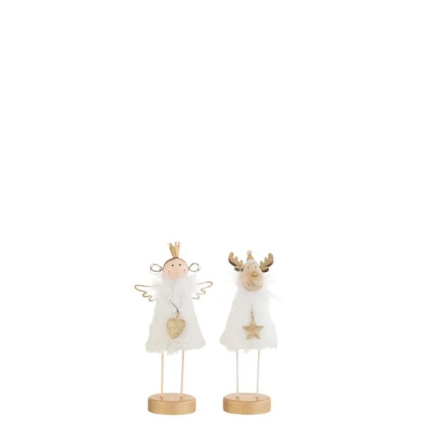 ANGEL/REINDEER ON FOOT FUR/WOOD WHITE/GOLD SMALL ASSORTMENT OF 2