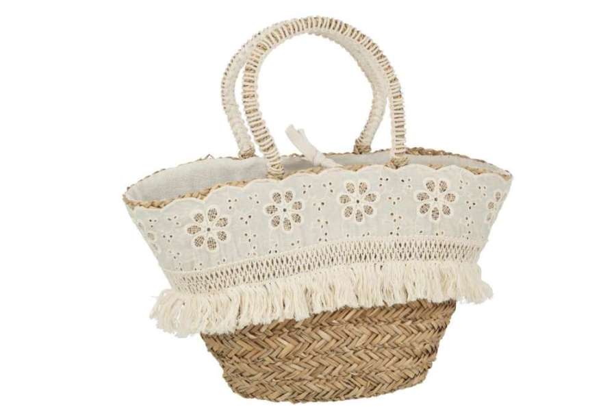BEACH BAG FLOWERS+FRINGES SEAGRASS NATURAL/CREAM