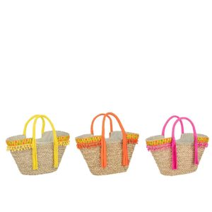 BEACH BAG FLOWERS+LONG FRINGES SEAGRASS MIX ASSORTMENT OF 3