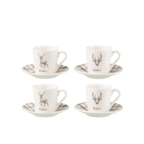 BOX OF 4 COFFEE CUP+SAUCER REINDEER WINDOWNBOX CERANMICS WHITE/BROWN SMALL