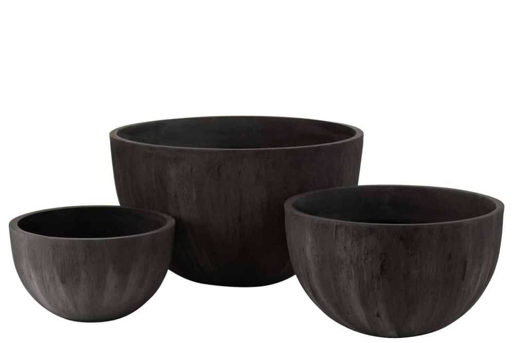 SET OF 3 FLOWERPOTS ROUND CERAMIC LOW BLACK
