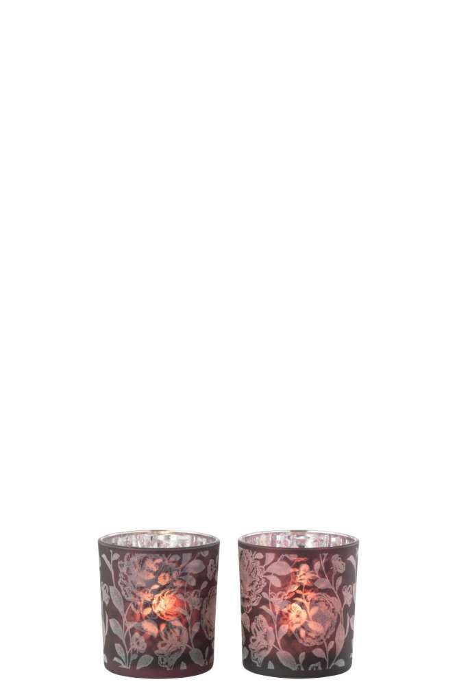 TEALICHT HOLDER FLOWERS GLASS MAT PURPLE MIX/SILVER SMALL ASSORTMENT OF 2