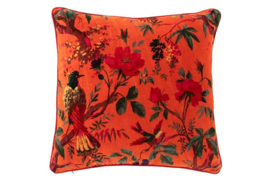 CUSHION BIRDS/FLOWERS COTTON VELVET ORANGE