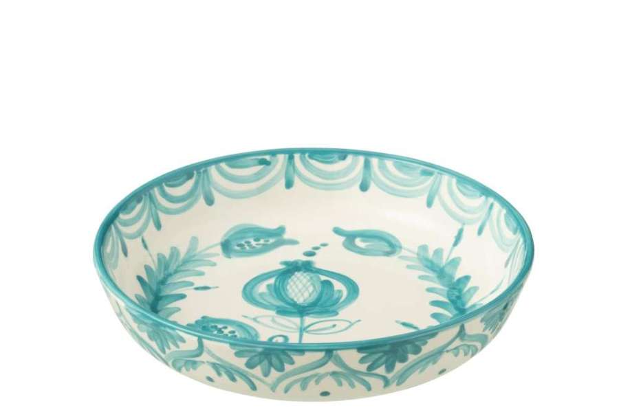 BOWL GRANADA LOW CERAMIC WHITE/AQUA LARGE