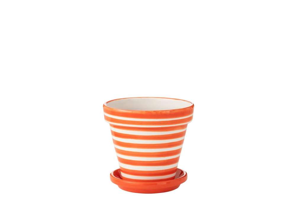 FLOWERPOT+PLATE GRANADA STRIPES HANDMADE/HANDPAINTED CERAMIC ORANGE/WHITE MEDIUM