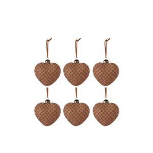 BOX OF 6 CHRISTMAS BAUBLES HEART VELVET GLASS BROWN SMALL