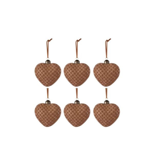 BOX OF 6 CHRISTMAS BAUBLES HEART VELVET GLASS BROWN SMALL