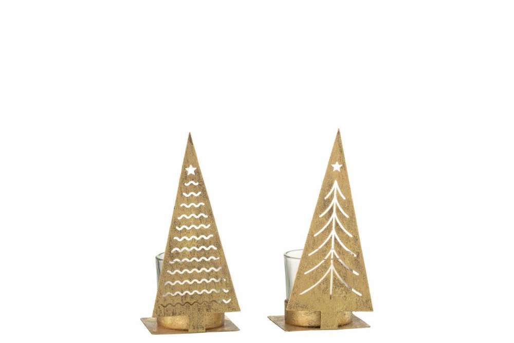 TEALIGHT HOLDER CHRISTMAS TREE METAL GOLD ASSORTMENT OF 2
