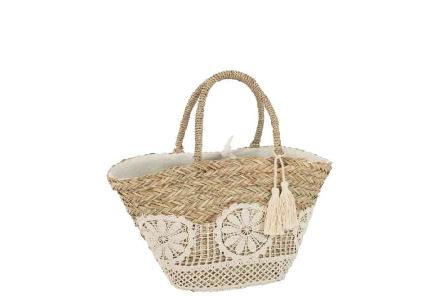 BEACH BAG LACE FLOWER+TASSEL JUTE NATURAL/WHITE