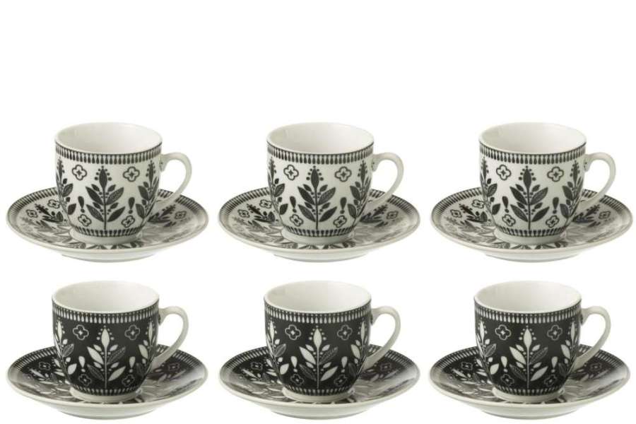 BOX OF 6 COFFEE CUP+SAUCER LEAVES CERAMICS BLACK/WHITE