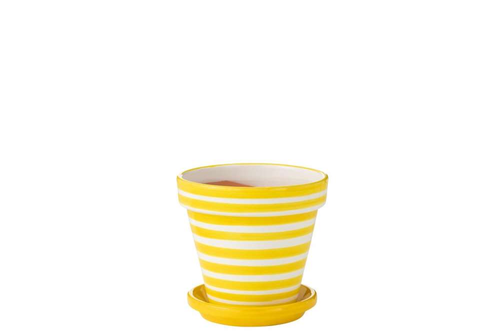 FLOWERPOT+PLATE GRANADA STRIPES HANDMADE/HANDPAINTED CERAMIC YELLOW/WHITE MEDIUM