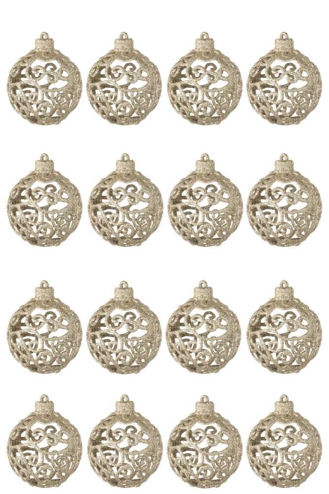 BOX OF 16 CHRISTMAS BAUBLE BAROQUE PATTERN PLASTIC CHAMPAGNE COLORED
