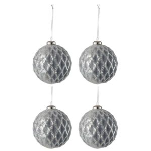 BOX OF 4 CHRISTMAS BAUBLE DIAMOND-PATTERNED GLASS ANTIQUE GREY LARGE