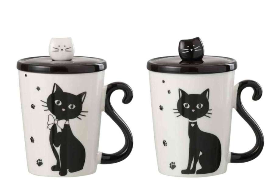 MUG PRINT CAT + LID + SPOON PORCELAIN WHITE / BLACK ASSORTMENT OF 2