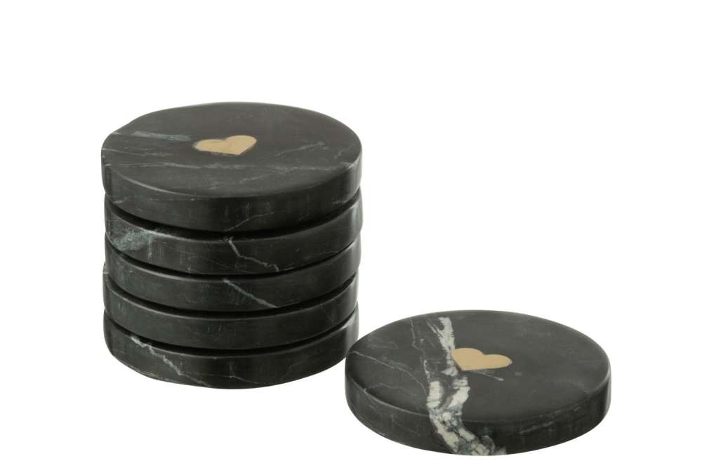 BOX OF 6 COASTER HEART MARBLE BLACK/GOLD COLORED