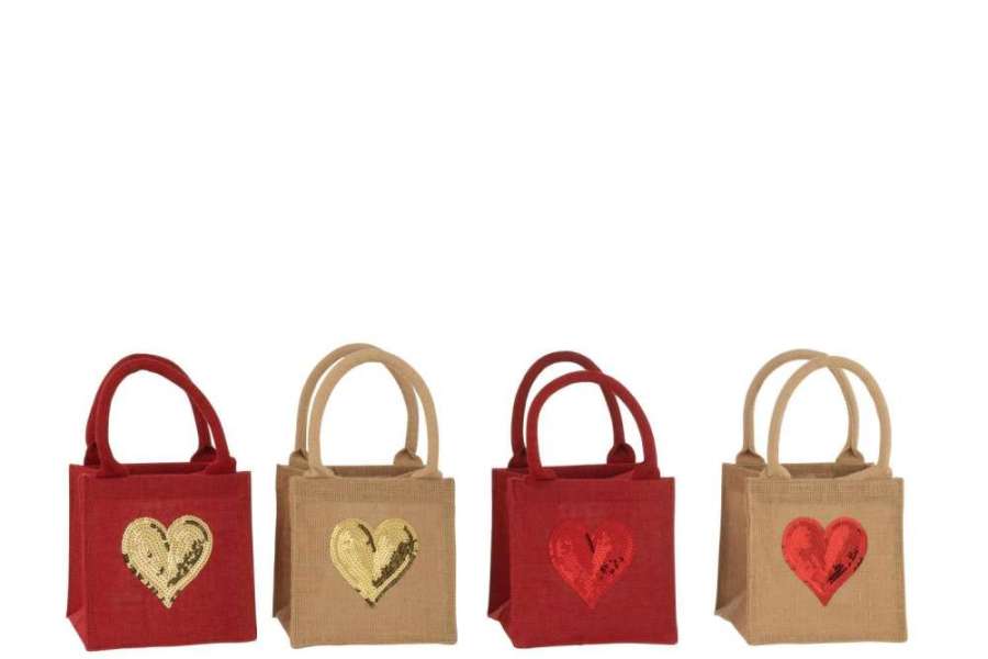 BAG HEART SEQUIN JUTE NATURAL/RED ASSORTMENT OF 4