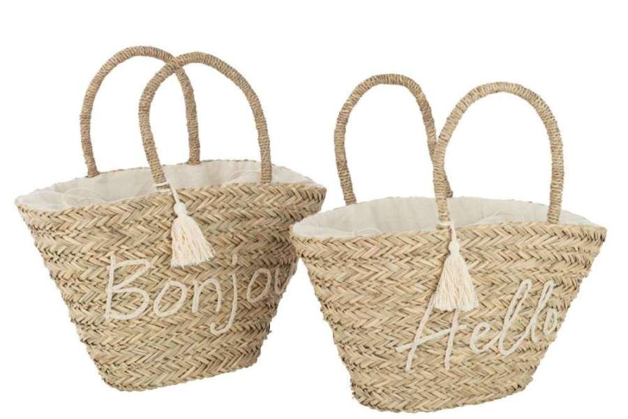 BEACH BAG BONJOUR/HELLO TASSEL JUTE NATURAL/WHITE ASSORTMENT OF 2
