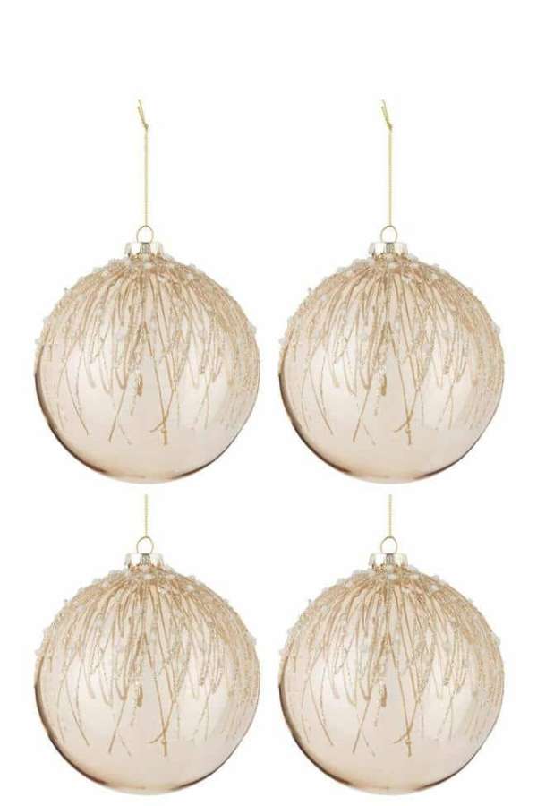 BOX OF 4 CHRISTMAS BAUBLES PEARLS GLITTER GLASS GOLD LARGE