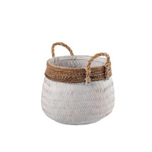 BASKET+HANDLE BALL BAMBOO+ROPE WHITE SMALL