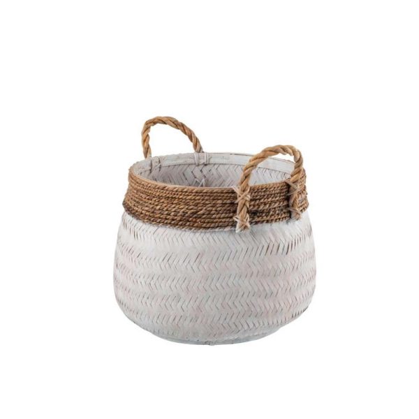 BASKET+HANDLE BALL BAMBOO+ROPE WHITE SMALL