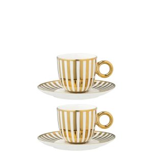 BOX OF 2 COFFEE CUP  +  SAUCER STRIPED PORCELAIN GOLD COLORED/WHITE LARGE