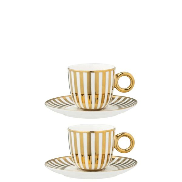 BOX OF 2 COFFEE CUP  +  SAUCER STRIPED PORCELAIN GOLD COLORED/WHITE LARGE