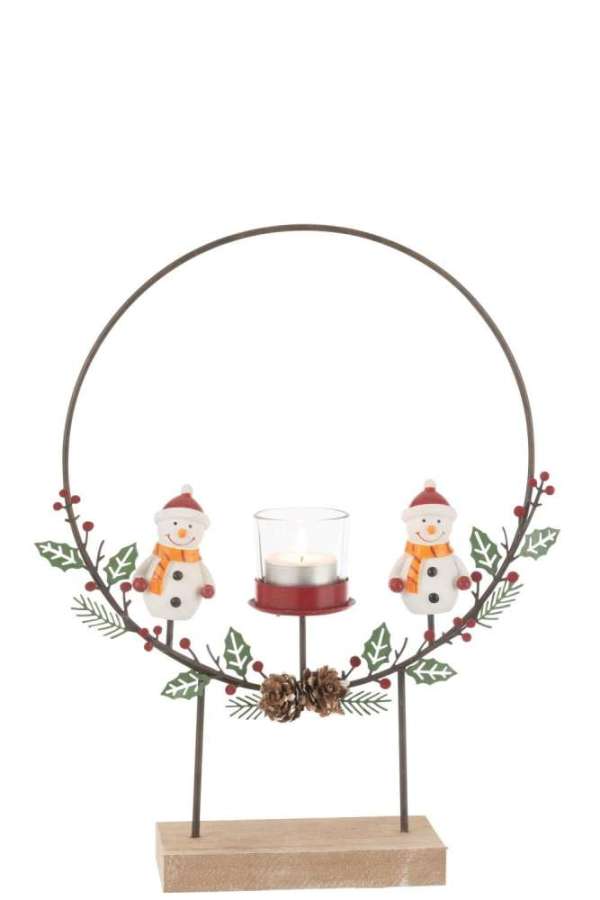 TEALIGHT HOLDER CIRCLE ON FOOT+SNOWMEN MIX