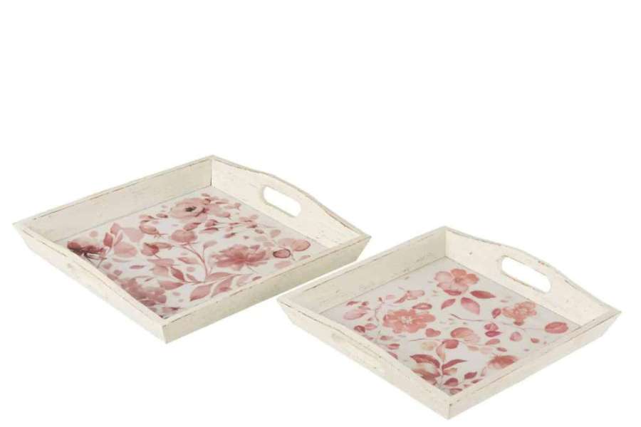 SET OF TWO TRAY ROSES WOOD WHITE/PINK