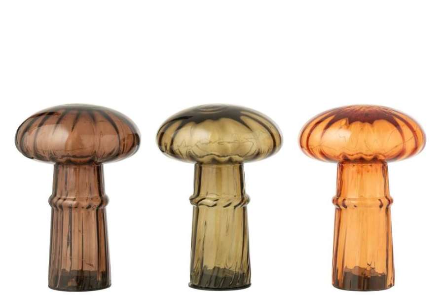 MUSHROOM LED GLASS COGNAC/OLIVE LARGE ASSORTMENT OF 3