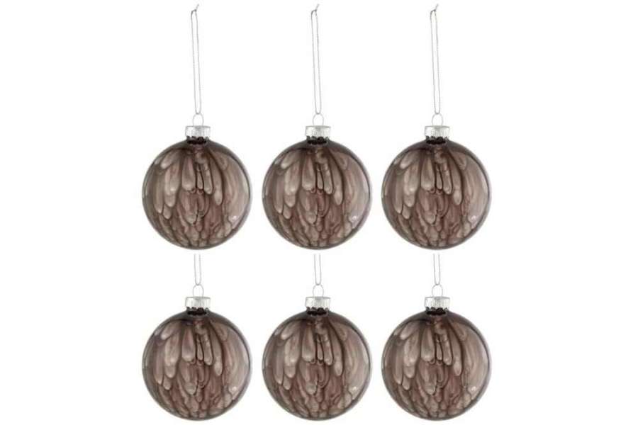 BOX OF 6 CHRISTMAS BAUBLES SPOTTED GLASS SHINY DARK GREY SMALL
