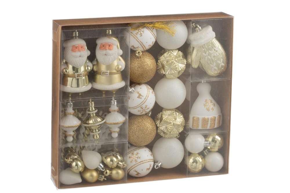 BOX OF 45 CHRISTMAS BAUBLE PLASTIC WHITE/GOLD COLORED