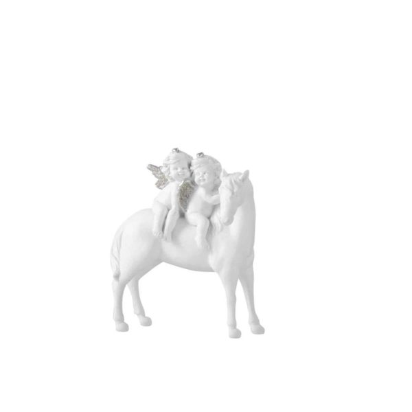 HORSE WITH 2 ANGELS POLY WHITE/SILVER SMALL