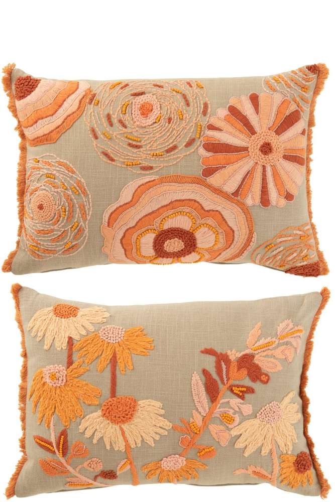 CUSHION RECTANGLE FLOWERS EMBROIDERY COTTON GREIGE/ORANGE ASSORTMENT OF 2